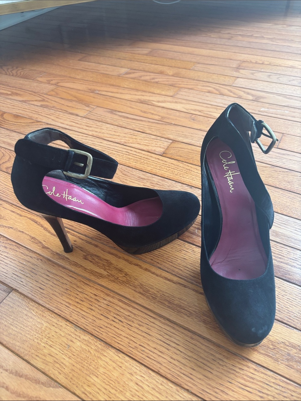 Cole Haan Black Suede Ankle-Strap High Heels with Pink Insole size 9